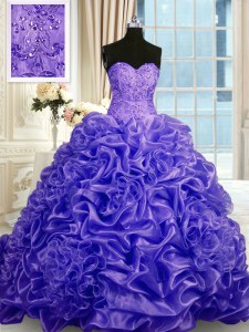 Purple Ball Gowns Organza Sweetheart Sleeveless Beading and Pick Ups Lace Up Quinceanera Gown Sweep Train