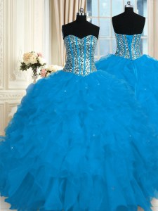 Blue Sweetheart Lace Up Beading and Ruffles Vestidos de Quinceanera Sleeveless