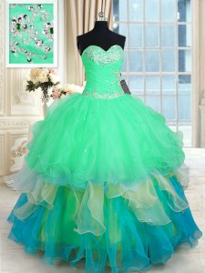 Clearance Multi-color Sleeveless Floor Length Beading and Appliques and Ruffles Lace Up Sweet 16 Dress