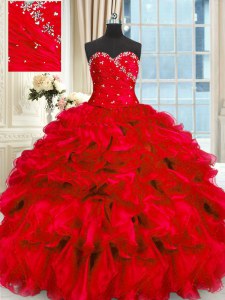 Charming Red Sleeveless Floor Length Beading and Ruffles Lace Up Quince Ball Gowns