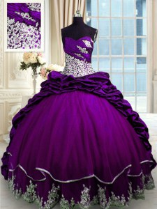Purple Taffeta Lace Up 15th Birthday Dress Sleeveless With Brush Train Beading and Appliques and Pick Ups