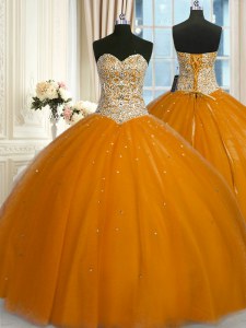 Sweetheart Sleeveless Sweet 16 Quinceanera Dress Floor Length Beading and Sequins Rust Red Tulle