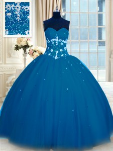 Modest Navy Blue Ball Gowns Tulle Sweetheart Sleeveless Appliques Floor Length Lace Up Quinceanera Dress