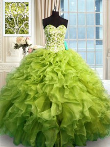 Extravagant Olive Green Lace Up 15 Quinceanera Dress Beading and Ruffles Sleeveless Floor Length