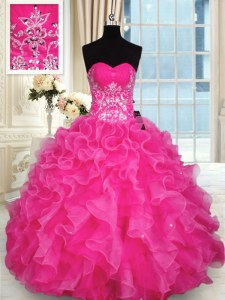 Extravagant Hot Pink Sleeveless Beading and Appliques and Ruffles Floor Length Quinceanera Gowns
