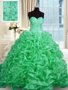 Organza Sweetheart Sleeveless Sweep Train Lace Up Beading Quince Ball Gowns in Green