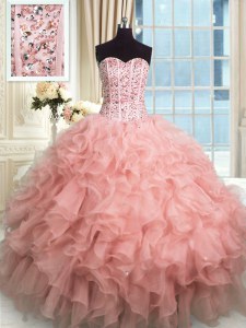 Rose Pink Organza Lace Up Sweetheart Sleeveless Floor Length Quinceanera Dress Beading and Ruffles