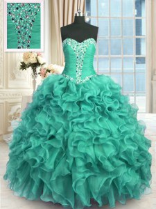 Turquoise Vestidos de Quinceanera Military Ball and Sweet 16 and Quinceanera and For with Beading and Ruffles Sweetheart Sleeveless Lace Up