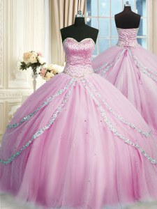 Beautiful Lilac Sleeveless Tulle Court Train Lace Up Quince Ball Gowns for Military Ball and Sweet 16 and Quinceanera