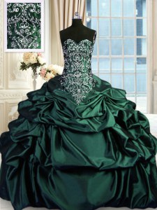 Floor Length Dark Green Quinceanera Gown Taffeta Sleeveless Beading and Embroidery and Pick Ups