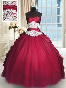 Customized Long Sleeves Floor Length Beading and Lace and Ruching and Pick Ups Zipper Sweet 16 Quinceanera Dress with Red