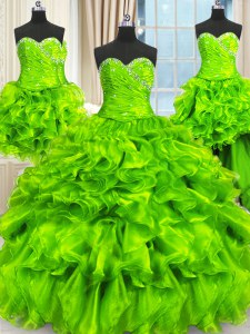 Four Piece Lace Up Sweetheart Beading and Ruffles and Ruching 15 Quinceanera Dress Organza Sleeveless