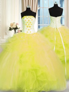 Colorful Beading and Ruffles Quinceanera Dress Yellow Green Lace Up Sleeveless Floor Length