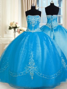 Baby Blue Lace Up Ball Gown Prom Dress Embroidery Sleeveless Floor Length