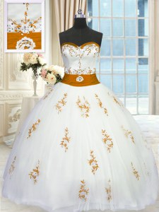 Beauteous Tulle Sweetheart Sleeveless Lace Up Appliques and Belt Quinceanera Dress in White