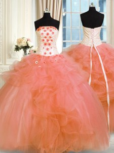 Orange Tulle Lace Up Strapless Sleeveless Floor Length Sweet 16 Dresses Pick Ups and Hand Made Flower