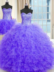 Simple Three Piece Lavender Sleeveless Beading and Ruffles Floor Length Sweet 16 Dress