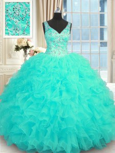 Cheap Aqua Blue Sleeveless Organza Zipper Quince Ball Gowns for Military Ball and Sweet 16 and Quinceanera