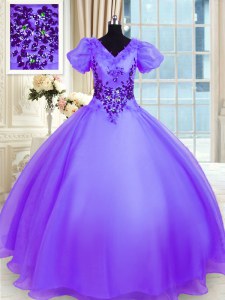 Short Sleeves Lace Up Floor Length Appliques Sweet 16 Dress