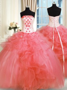 Floor Length Watermelon Red Quinceanera Dresses Tulle Sleeveless Pick Ups and Hand Made Flower