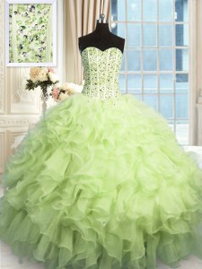 Most Popular Sequins Sweetheart Sleeveless Lace Up 15 Quinceanera Dress Yellow Green Organza