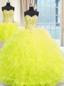 Three Piece Ball Gowns 15 Quinceanera Dress Yellow Strapless Tulle Sleeveless Floor Length Lace Up