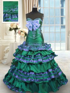 Adorable Dark Green Quince Ball Gowns Taffeta Brush Train Sleeveless Appliques and Embroidery and Ruffled Layers and Bowknot