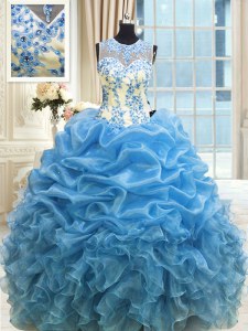 Custom Made Scoop Floor Length Zipper 15th Birthday Dress Baby Blue for Military Ball and Sweet 16 and Quinceanera with Beading and Ruffles
