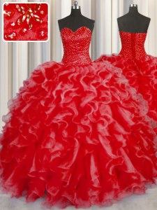 Romantic Halter Top Sleeveless Sweet 16 Dress Floor Length Beading and Ruffles Coral Red Organza