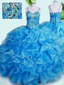 Spaghetti Straps Sleeveless 15th Birthday Dress Floor Length Beading and Ruffles Baby Blue Organza