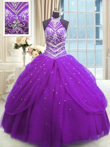 High-neck Sleeveless Lace Up Quinceanera Gown Purple Tulle