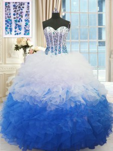 Latest Sweetheart Sleeveless Lace Up Vestidos de Quinceanera Blue And White Organza