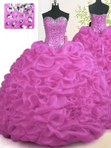 Fuchsia Sleeveless Organza Brush Train Lace Up Sweet 16 Dress for Military Ball and Sweet 16 and Quinceanera
