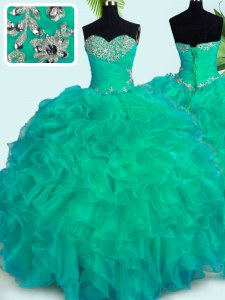 Popular Turquoise Quince Ball Gowns Military Ball and Sweet 16 and Quinceanera and For with Beading and Ruffles Sweetheart Sleeveless Lace Up