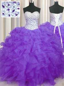 Lavender Ball Gowns Beading and Ruffles Sweet 16 Dress Lace Up Organza Sleeveless Floor Length