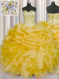 Gold Lace Up Quinceanera Gowns Beading and Ruffles and Pick Ups Sleeveless Floor Length