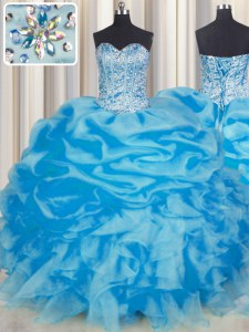 Beauteous Blue Sweetheart Lace Up Beading and Ruffles and Pick Ups 15 Quinceanera Dress Sleeveless