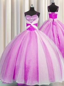 Fuchsia Ball Gowns Spaghetti Straps Sleeveless Organza Floor Length Lace Up Beading and Sequins and Ruching Sweet 16 Quinceanera Dress