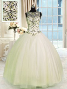 Champagne Scoop Neckline Beading Quinceanera Gowns Sleeveless Lace Up