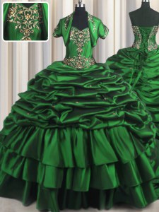 Cheap Sweetheart Sleeveless Sweet 16 Quinceanera Dress With Brush Train Beading and Appliques and Pick Ups Dark Green Taffeta