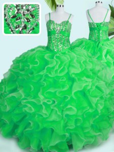 Modest Floor Length Lace Up 15th Birthday Dress Green for Military Ball and Sweet 16 and Quinceanera with Beading and Ruffles