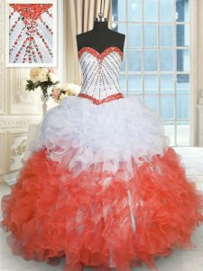 White And Red Sweetheart Neckline Beading and Ruffles 15th Birthday Dress Sleeveless Lace Up