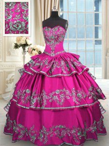Trendy Fuchsia Lace Up Sweetheart Embroidery and Ruffled Layers Quince Ball Gowns Satin Sleeveless