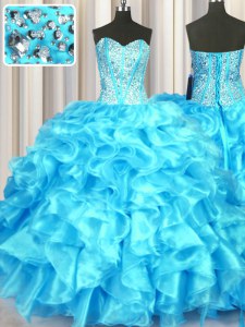 Custom Made Sweetheart Sleeveless Lace Up 15 Quinceanera Dress Aqua Blue Organza