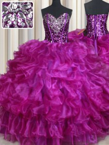 Fuchsia Sweetheart Lace Up Beading and Ruffles Sweet 16 Dress Sleeveless