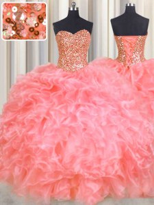Beauteous Halter Top Sleeveless Floor Length Beading and Ruffles Lace Up 15 Quinceanera Dress with Watermelon Red