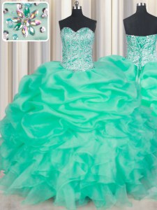 Beading and Ruffles and Pick Ups Quince Ball Gowns Turquoise Lace Up Sleeveless Floor Length