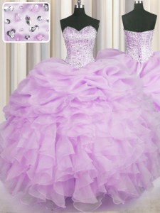 Ideal Lilac Lace Up Sweetheart Beading and Ruffles Quinceanera Gown Organza Sleeveless