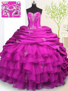 Sleeveless Organza and Taffeta With Brush Train Lace Up Sweet 16 Dresses in Fuchsia with Beading and Appliques and Ruffled Layers and Pick Ups