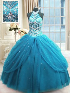 Sleeveless Tulle Floor Length Lace Up Quinceanera Gowns in Baby Blue with Beading